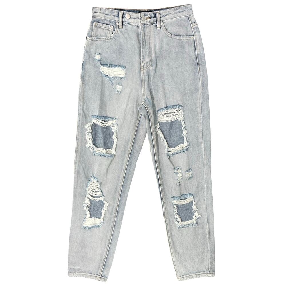 White Fox Light Wash High Rise Distressed Denim Straight Mom Jeans Size S 26"